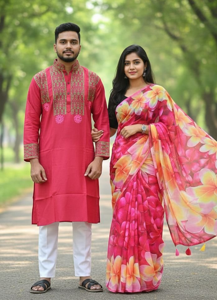 কাপল ড্রেস কালেকশন চান্দুরি সিল্ক শাড়ি ও ধুপিয়ান পাঞ্জাবি